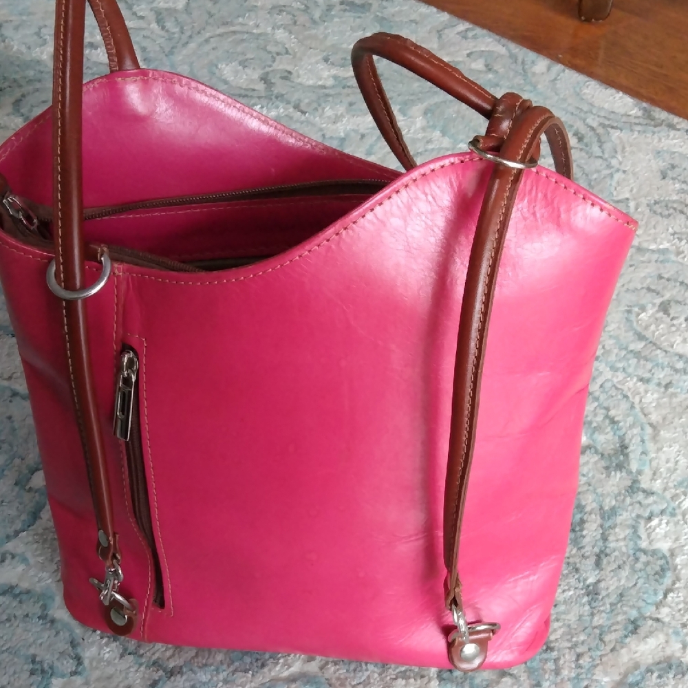 Pink and Brown Straps Shoulder Bagpack with Glossy Finish And Vintage Look